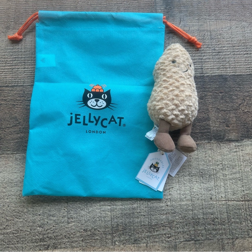 Jellycat Beige Plush with Turquoise Drawstring Bag and Orange Accents. NWT